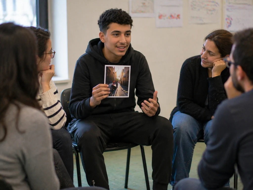 Jeune homme présentant une image